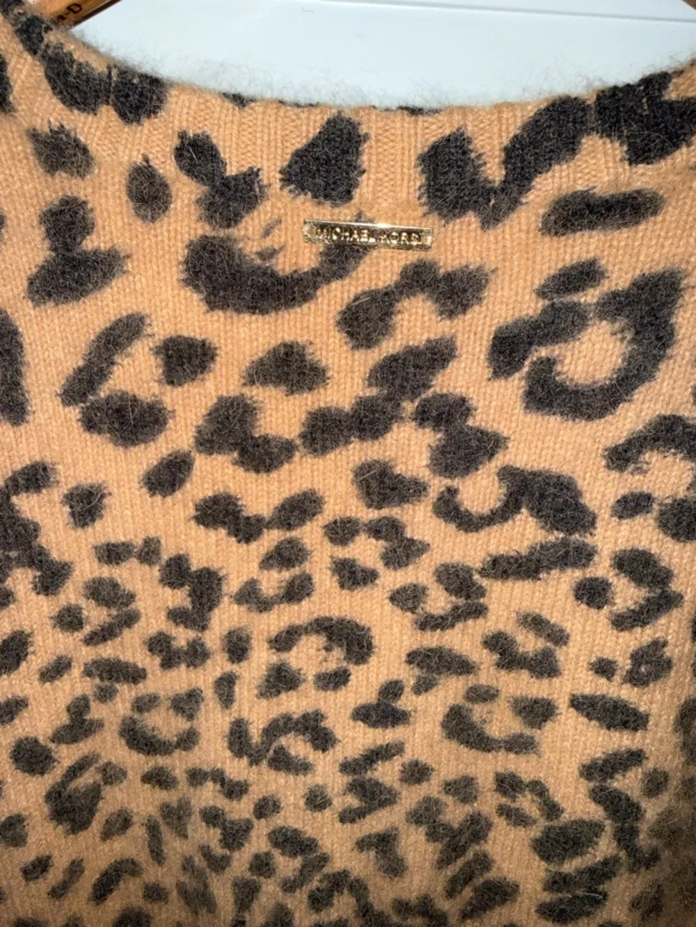 Michael Kors Leopard Print V-Neck Angora Rabbit Hair Sweater - Brown & Black